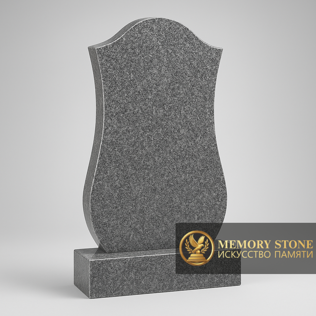 классическая вертикальная плита с волнообразным верхом из серого камня на кладбище