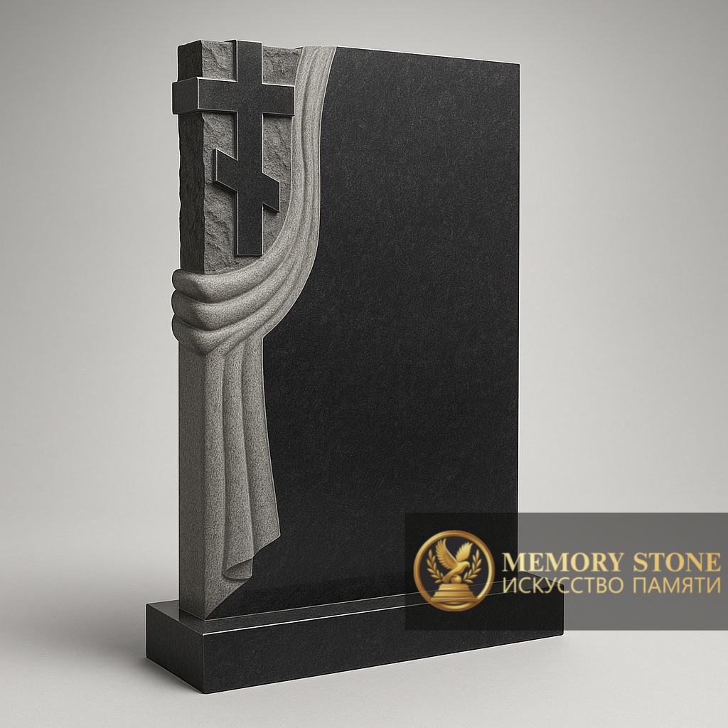 православное надгробие с резным крестом и ниспадающей тканью из черного габбро