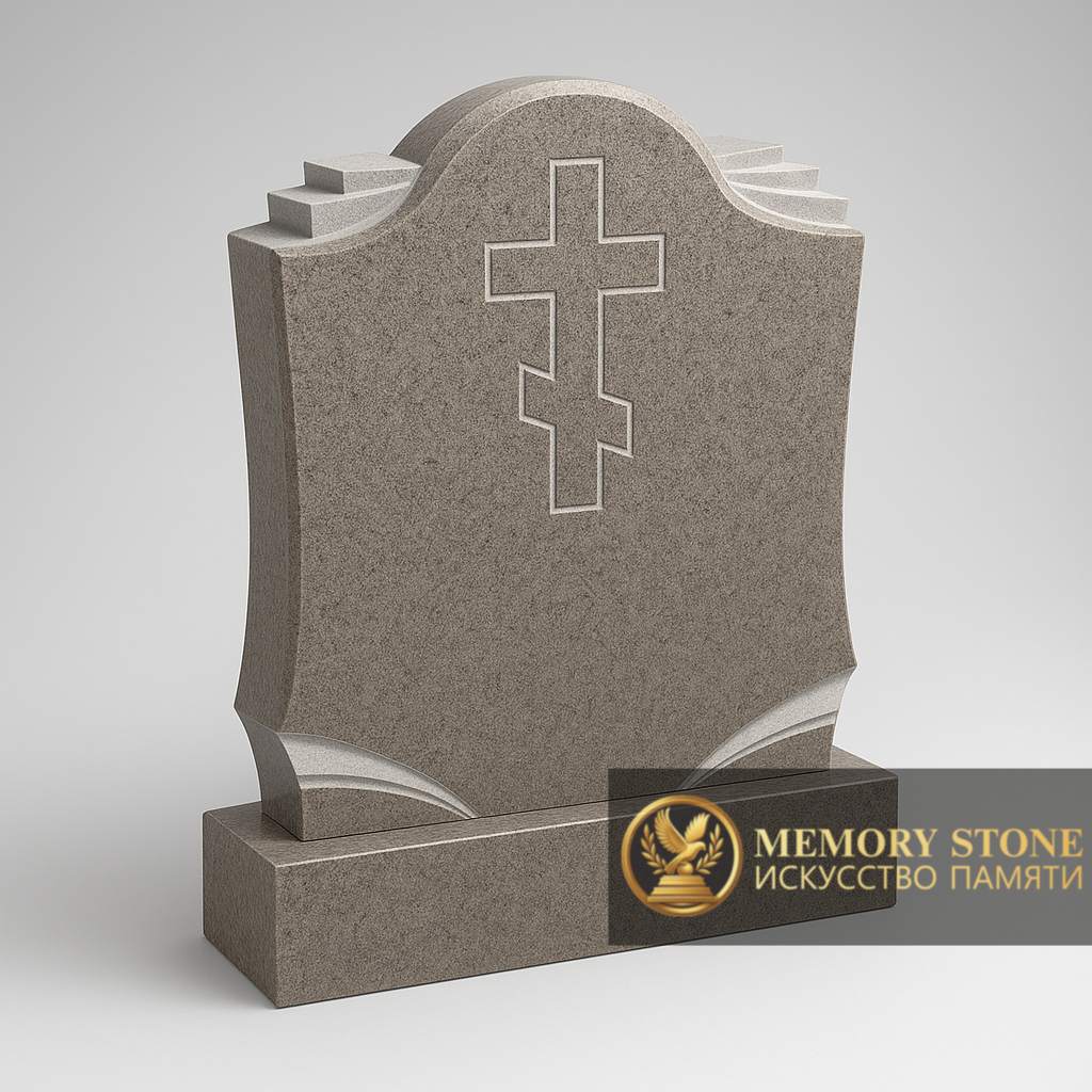 широкое горизонтальное надгробие для двоих с гравировкой распятия из серого камня