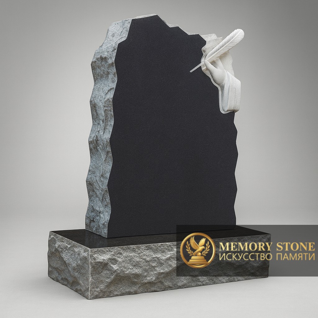 фигурная стела с фактурой дикого камня и полированной черной накладкой на могилу