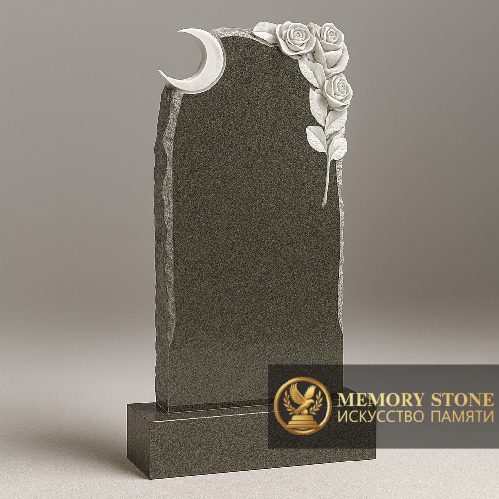 ритуальная стела с полумесяцем и барельефом цветов из зеленого камня