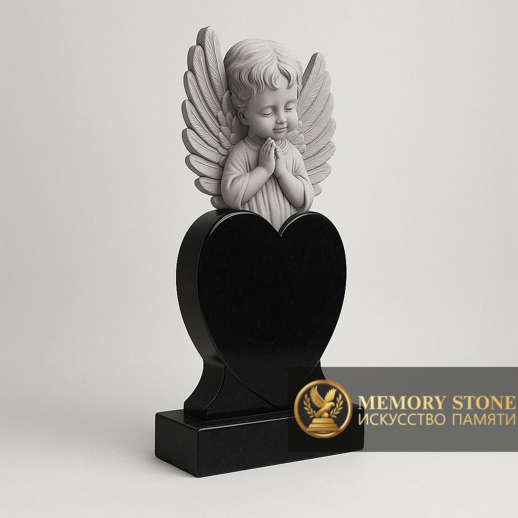 элитный мемориал на могилу с объемной фигурой скорбящего херувима из белого мрамора