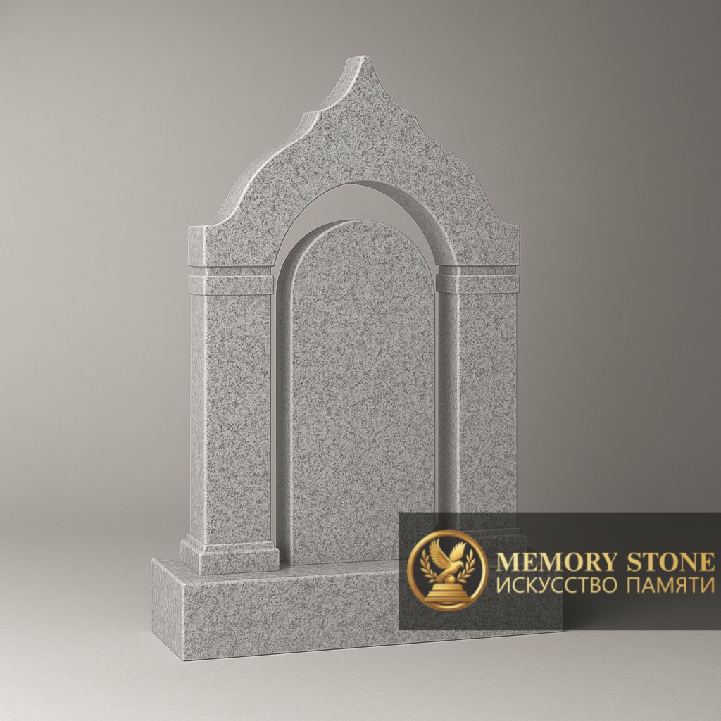 Величественный ритуальный портал из натурального серого гранита с фигурным сводом