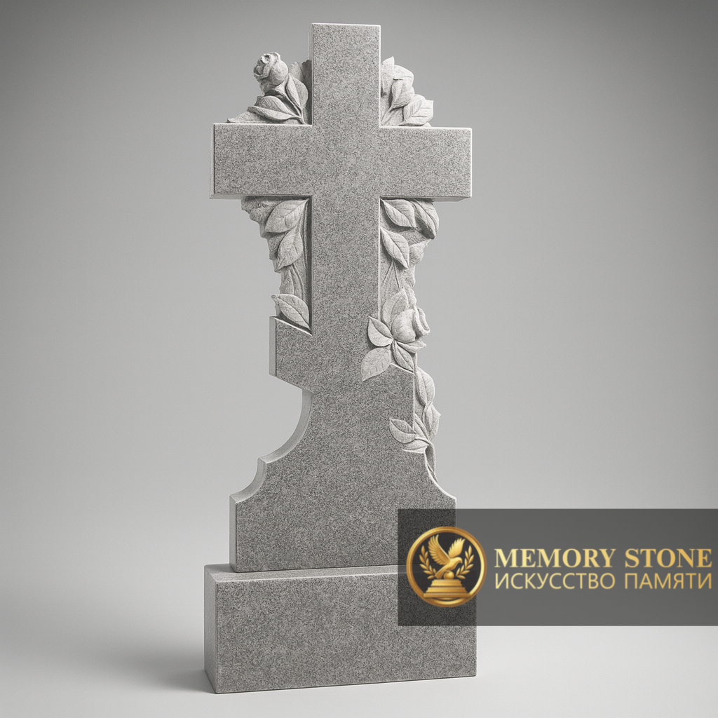 православный памятник распятие из светлого натурального камня с цветами