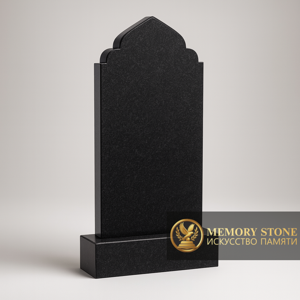 лаконичный мемориальный памятник черного цвета с арочным сводом на могилу