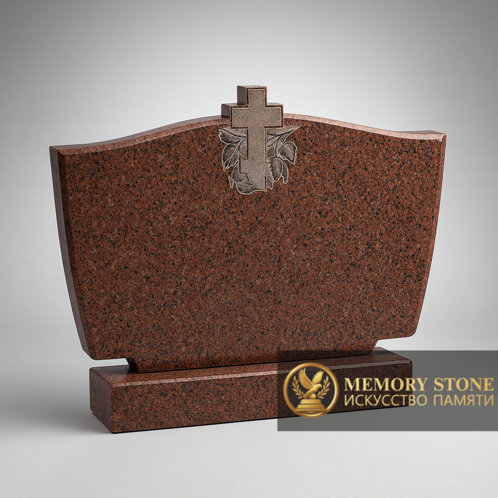 горизонтальное двойное надгробие из красного камня с накладным распятием по центру