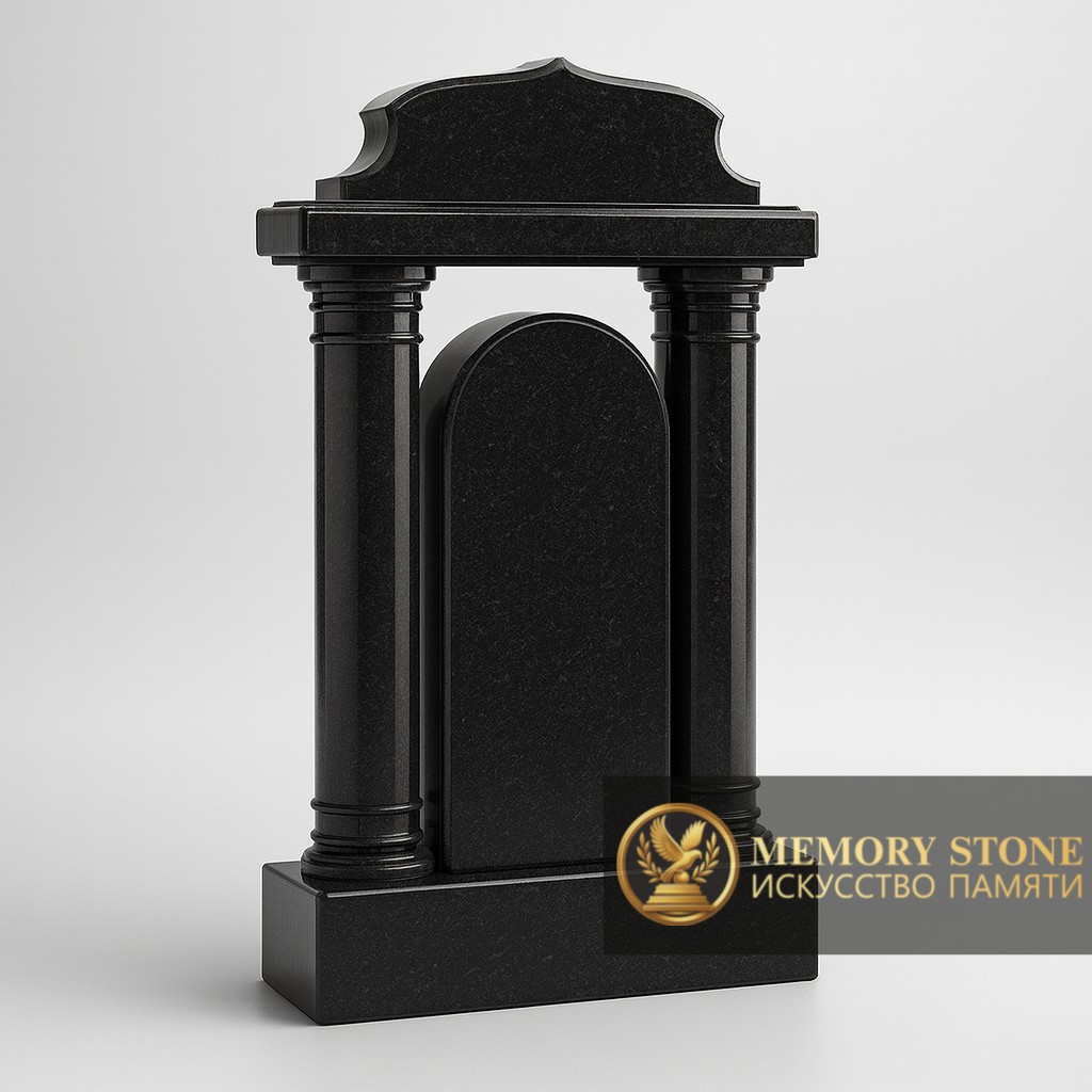 строгий ритуальный портал с арочным сводом из черного габбро на могилу