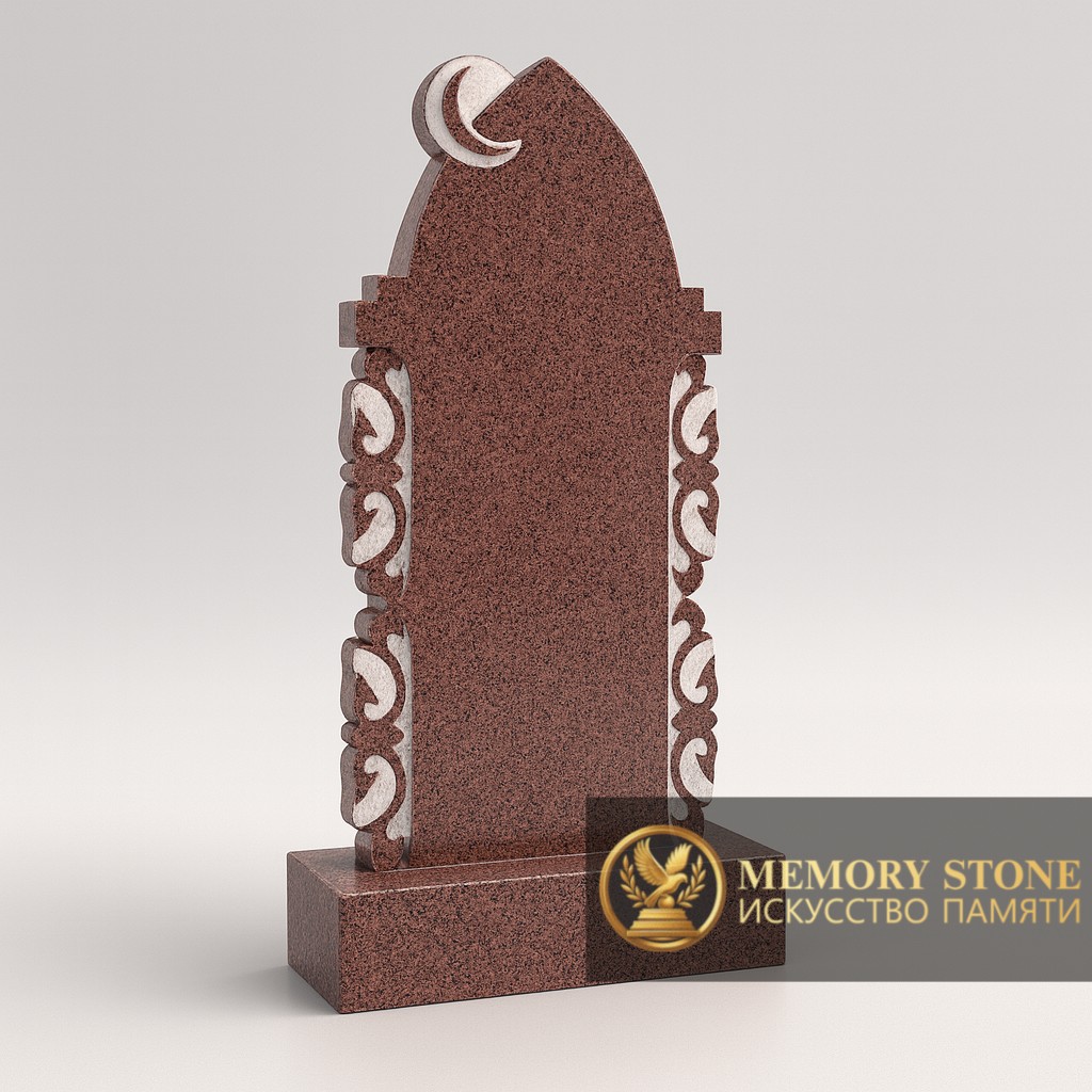 ритуальная стела из красного камня с исламской символикой и резными узорами на мазар