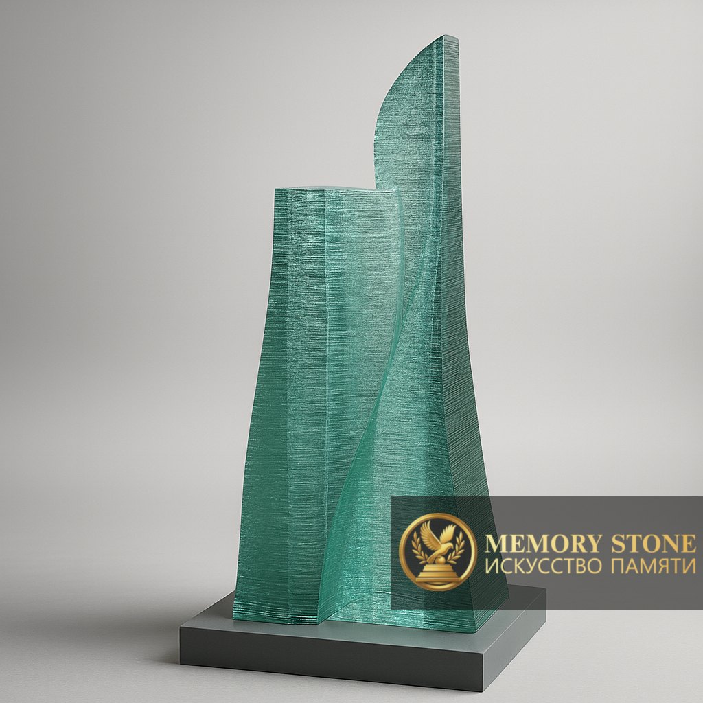 полупрозрачное зеленое надгробие современной формы скала на кладбище