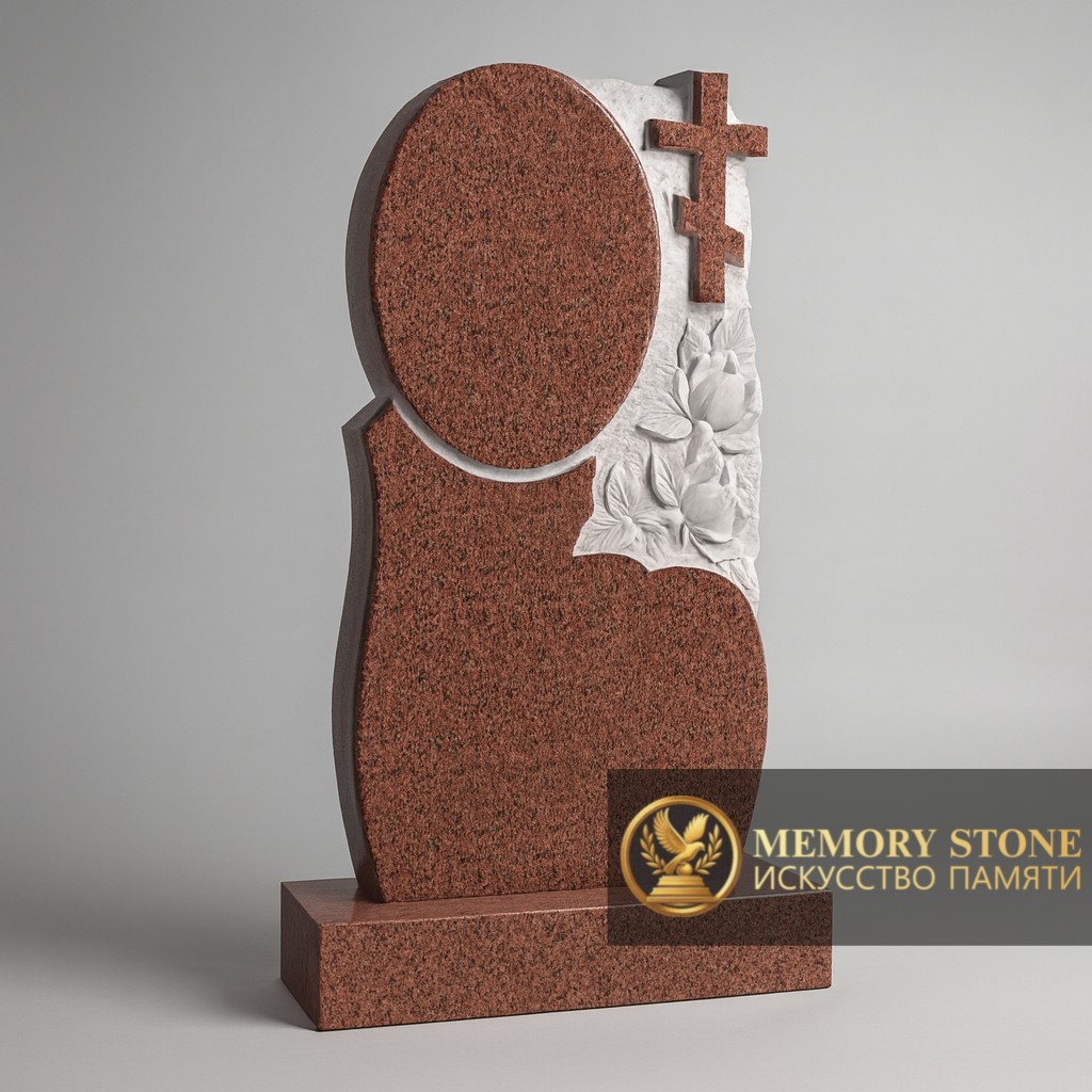 вертикальная ритуальная плита из красного камня с резным распятием и белыми розами сбоку