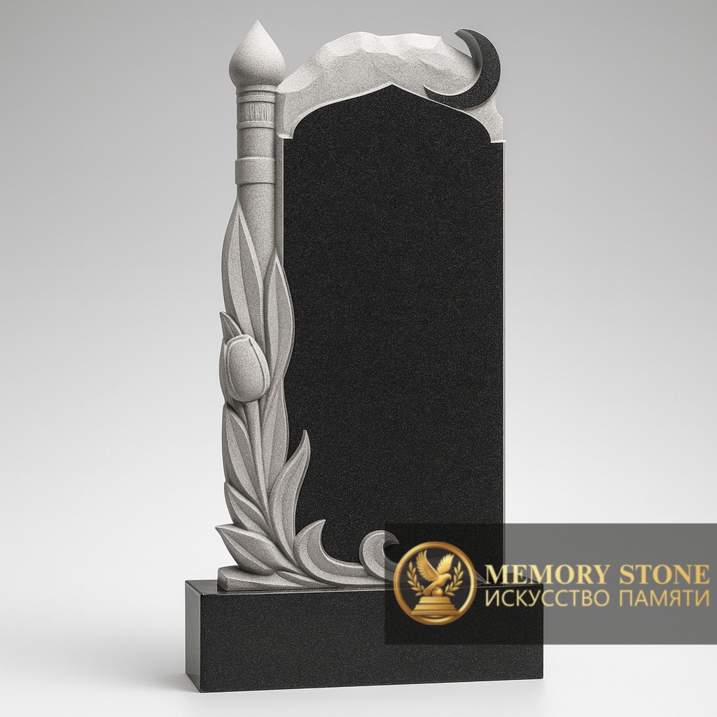 вертикальная стела с исламским полумесяцем и резным цветком на боковой грани мазар