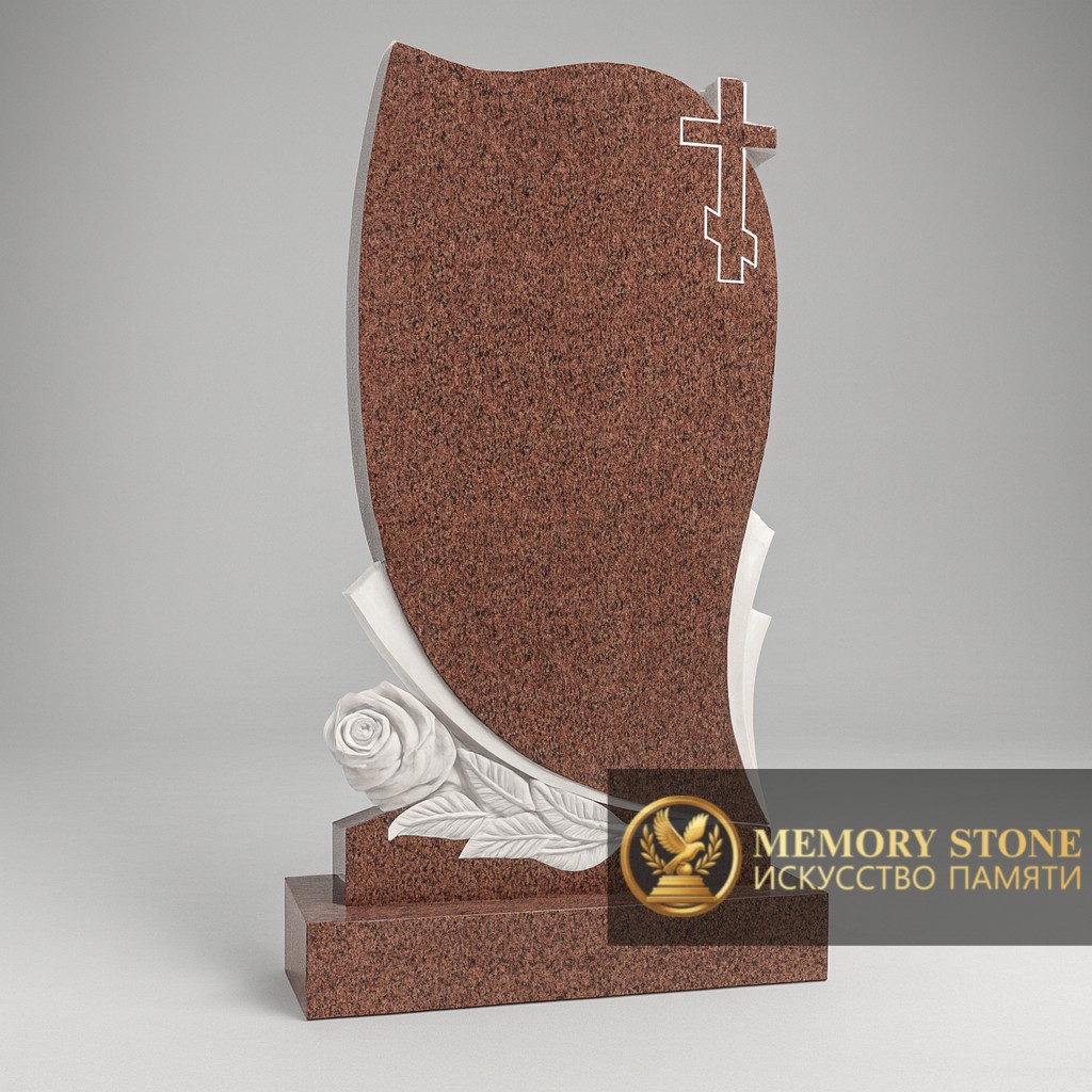 вертикальная красная стела с резными белыми цветами и распятием наверху