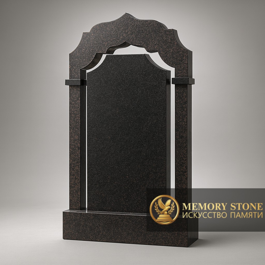 строгий памятник портал черного цвета с фигурной крышей кокошник