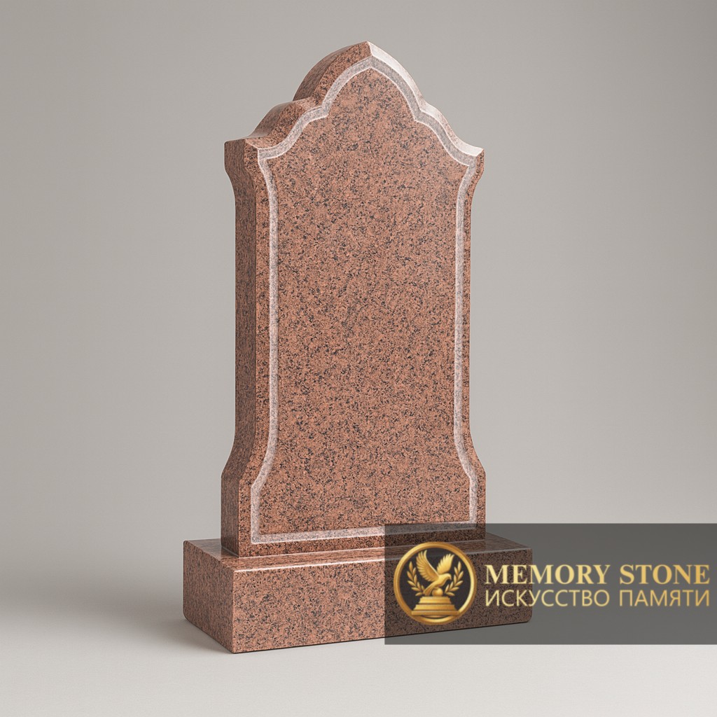 вертикальная стела красного цвета с фигурным восточным навершием мазар