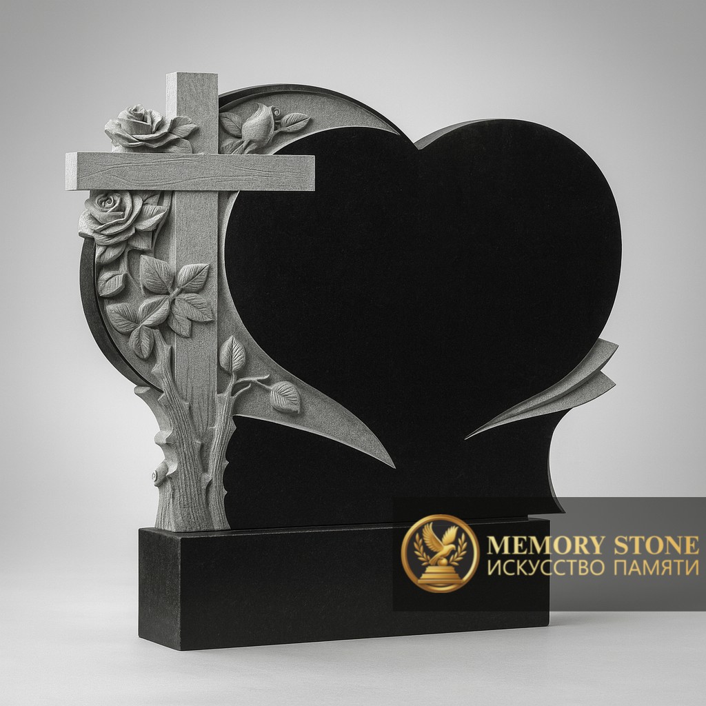 резная черная плита в форме сердца с белыми розами и распятием сбоку
