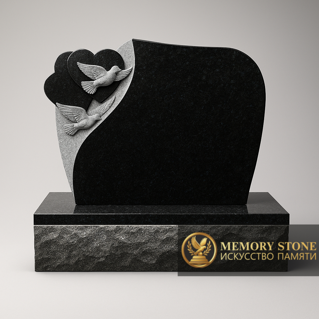 горизонтальное надгробие на двоих с резной птицей и сердцем символ любви