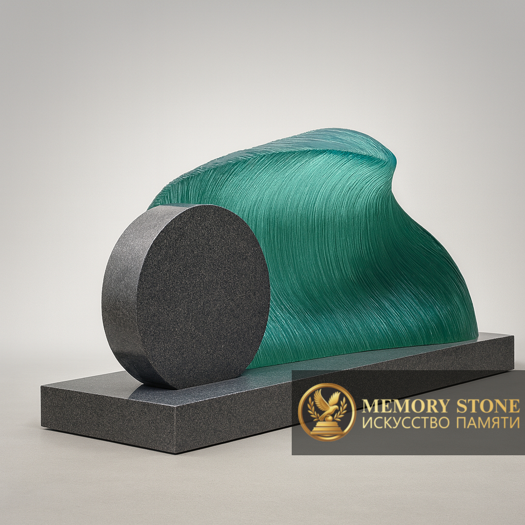 современное надгробие из зеленого стекла с черным круглым камнем