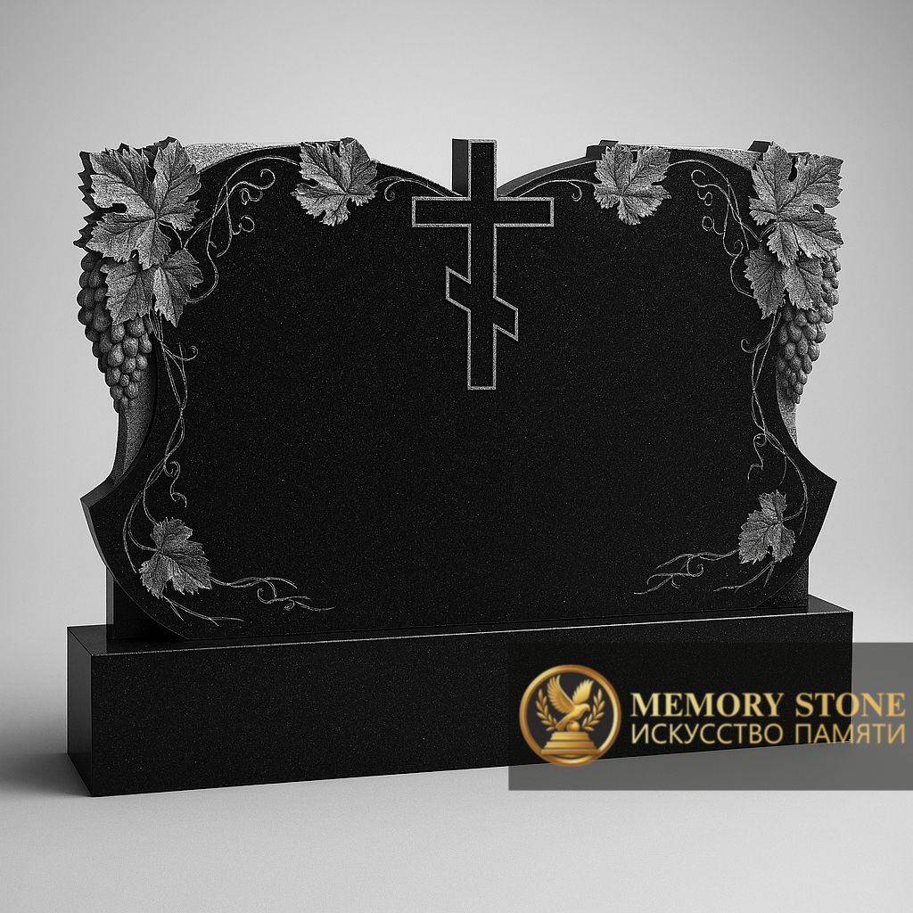 широкое горизонтальное надгробие на двоих с резными листьями по углам