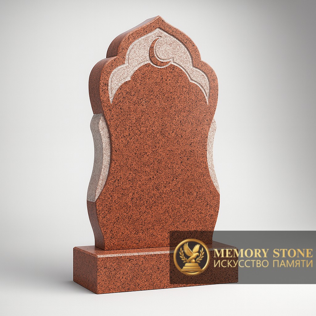 фигурная стела из красного камня с восточным куполом и светлой окантовкой