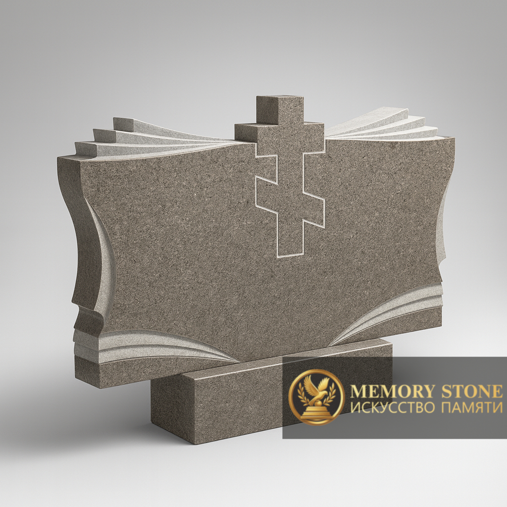 широкое двойное надгробие из светлого камня с выгравированным крестом
