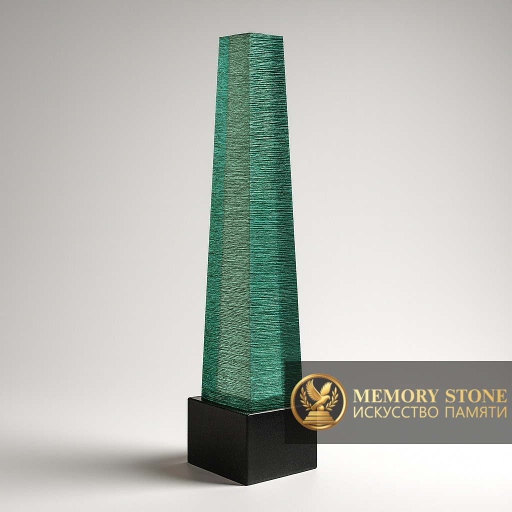 высокий памятник столбик из зеленого стекла на черной каменной подставке