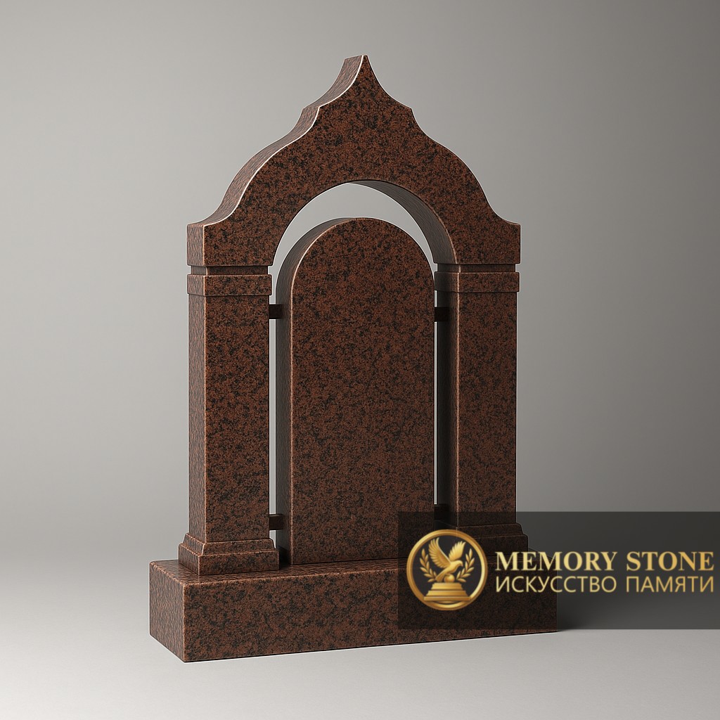 строгая арка с колоннами из красного натурального камня для захоронения