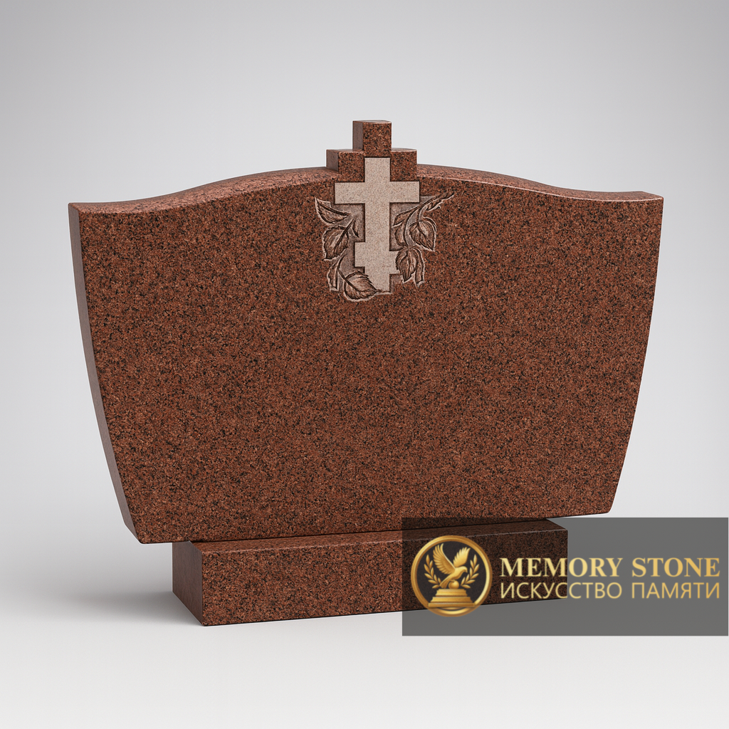 широкое двойное надгробие из красного камня с православным крестом по центру