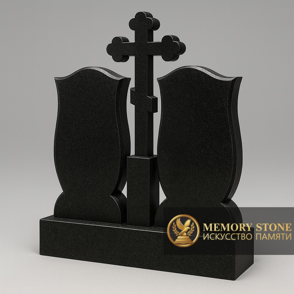 семейный памятник из двух черных плит и высокого распятия посередине
