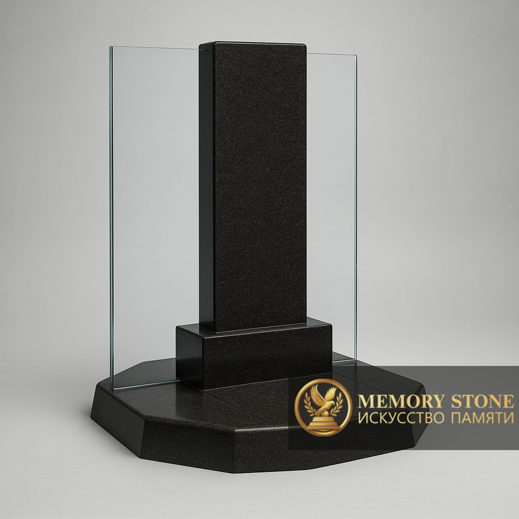 прозрачное надгробие из стекла строгой формы на черной каменной подставке