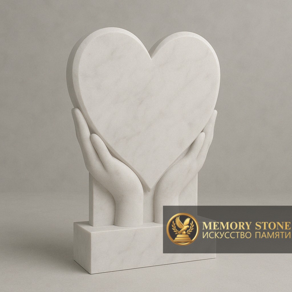 трогательный памятник объемные ладони держащие сердце из белого камня