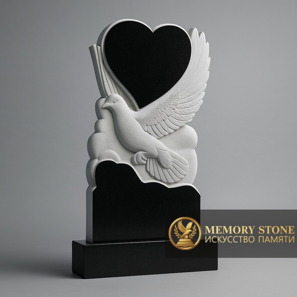  резная ритуальная плита с объемной белой птицей и сердцем на верхушке