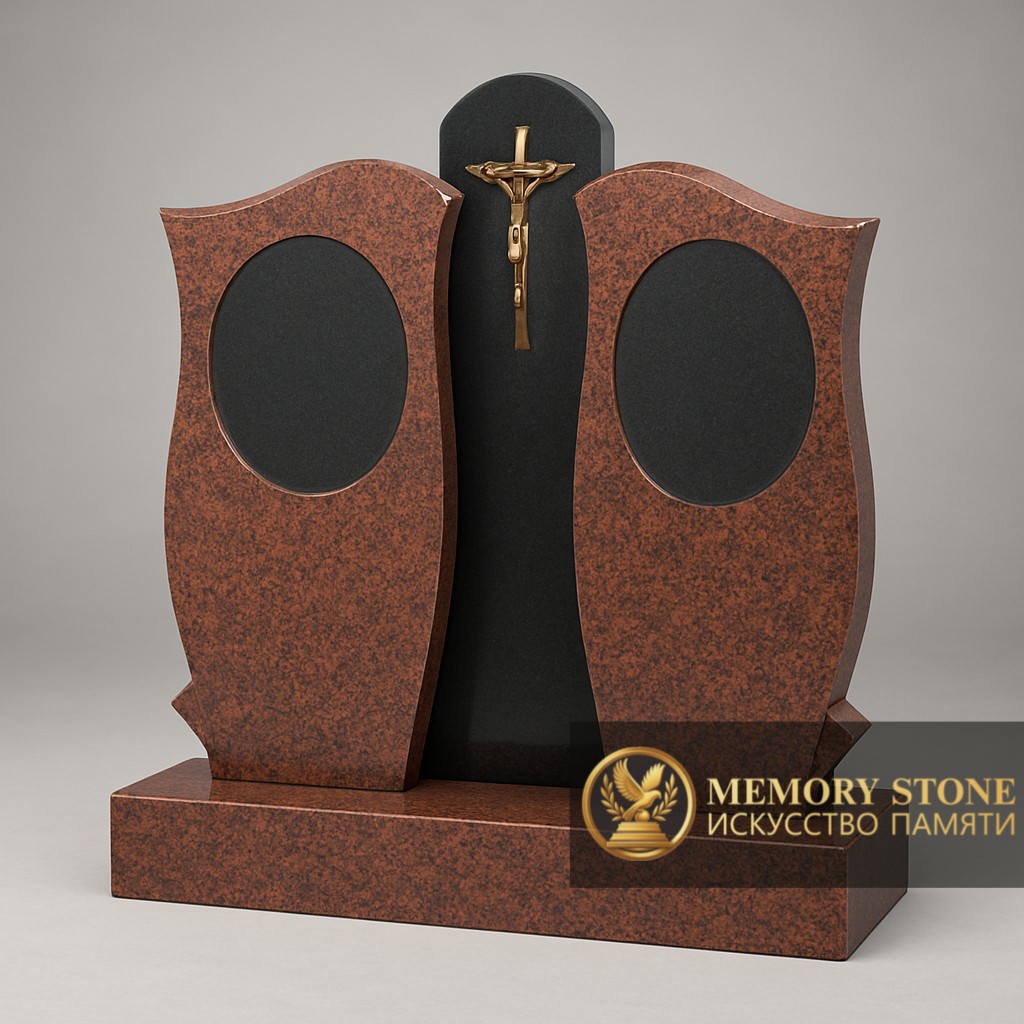 семейный памятник из трех частей красного и черного цвета с распятием