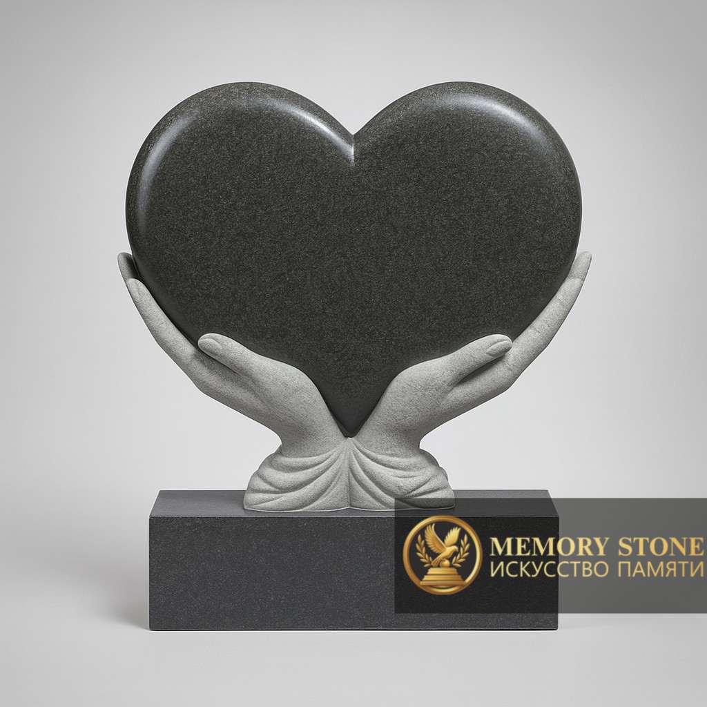 трогательное надгробие белые ладони держащие черное полированное сердце