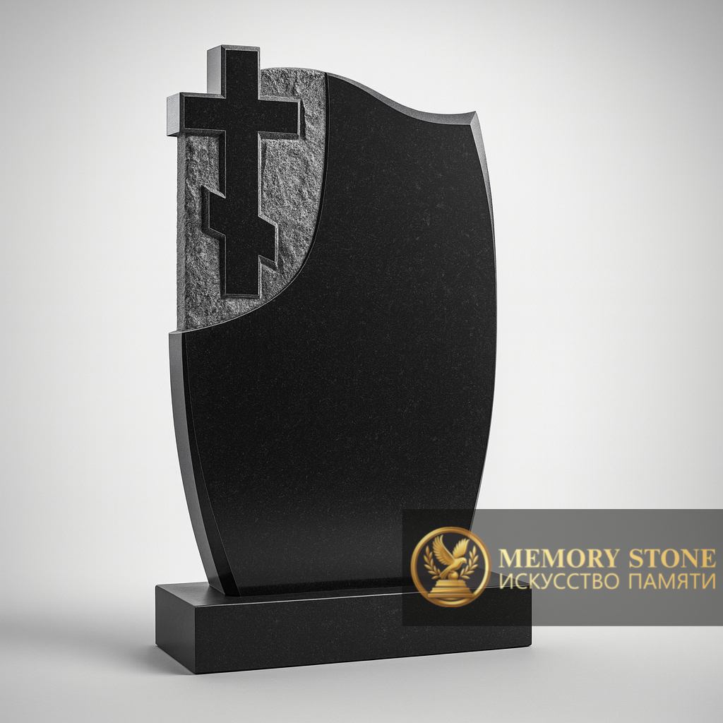 черная плита с резным распятием и необработанной фактурой сбоку