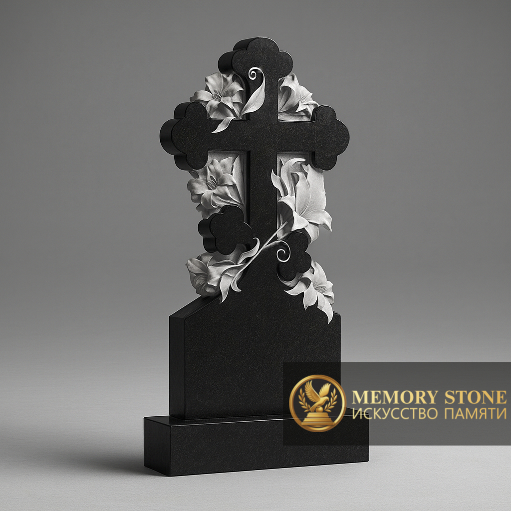 ритуальное распятие из черного камня с контрастными белыми цветами
