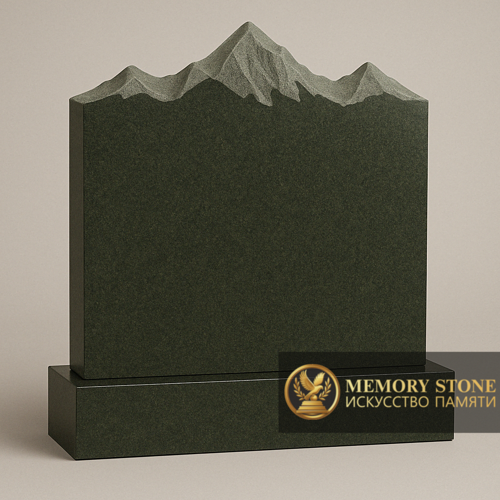 широкое горизонтальное надгробие болотного цвета с резными вершинами гор