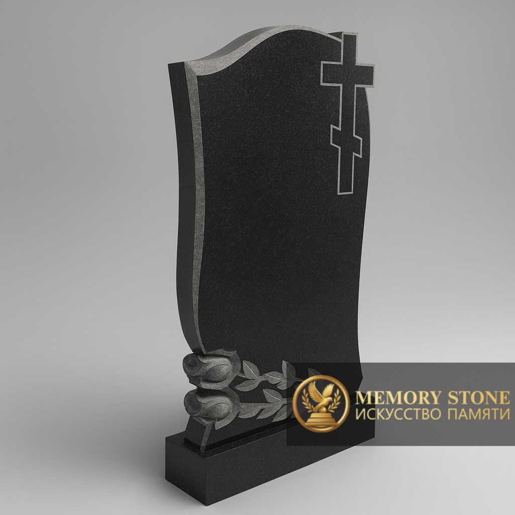 вертикальная черная стела с православным распятием и резными розами снизу