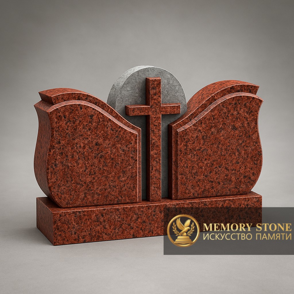 семейный памятник из двух красных плит в форме сердец с крестом посередине