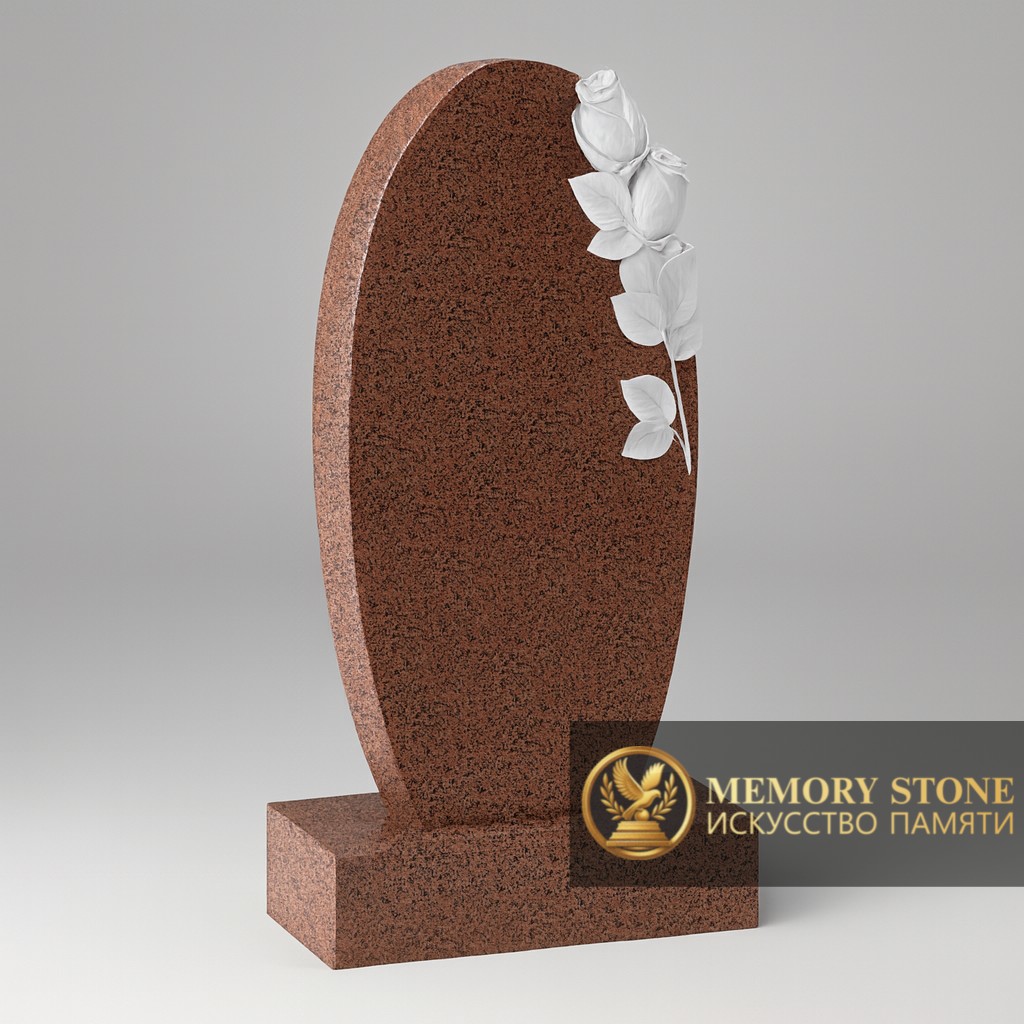 красная ритуальная плита с резными белыми цветами на боковой грани