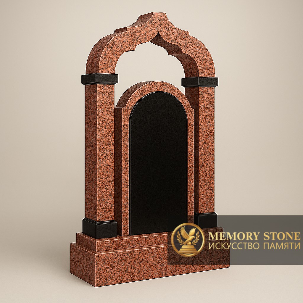 массивный памятник портал с колоннами и фигурной крышей из красного камня