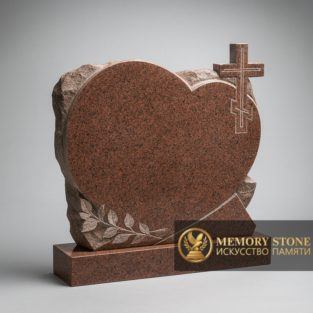 широкое горизонтальное надгробие красного цвета с фактурой скала по краю