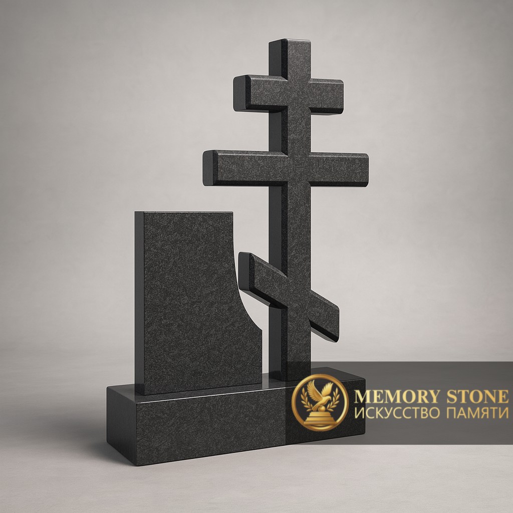 семейный памятник из черной плиты и отдельного массивного распятия