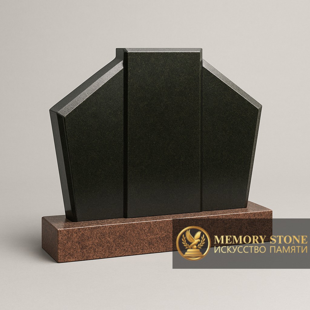 семейный памятник из трех черных плит веером на красном основании