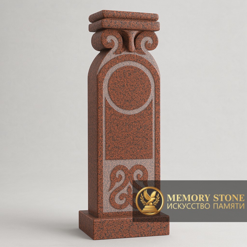 высокий фигурный памятник столб с орнаментом из красного гранита