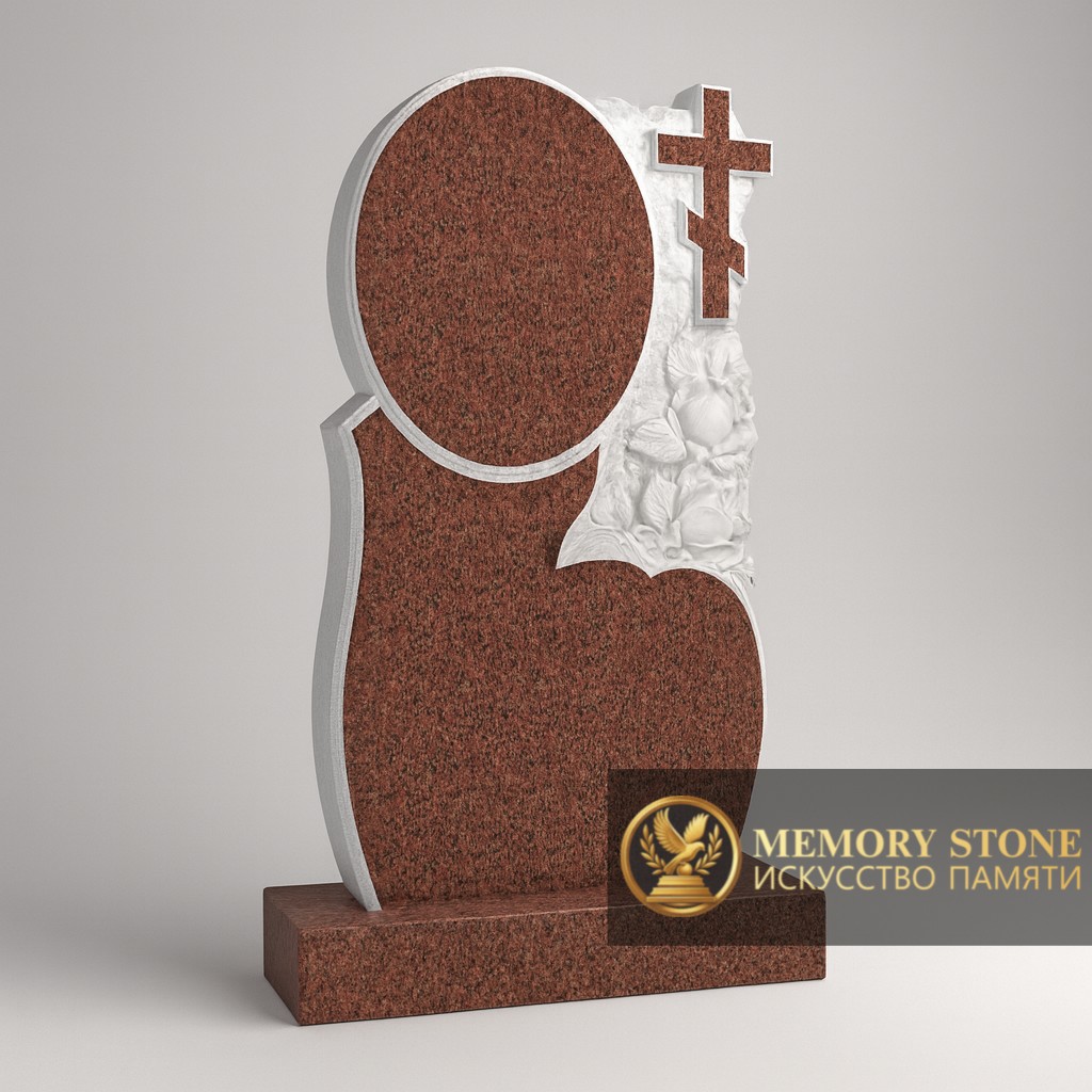 вертикальная ритуальная плита красного цвета с резным распятием и цветами сбоку