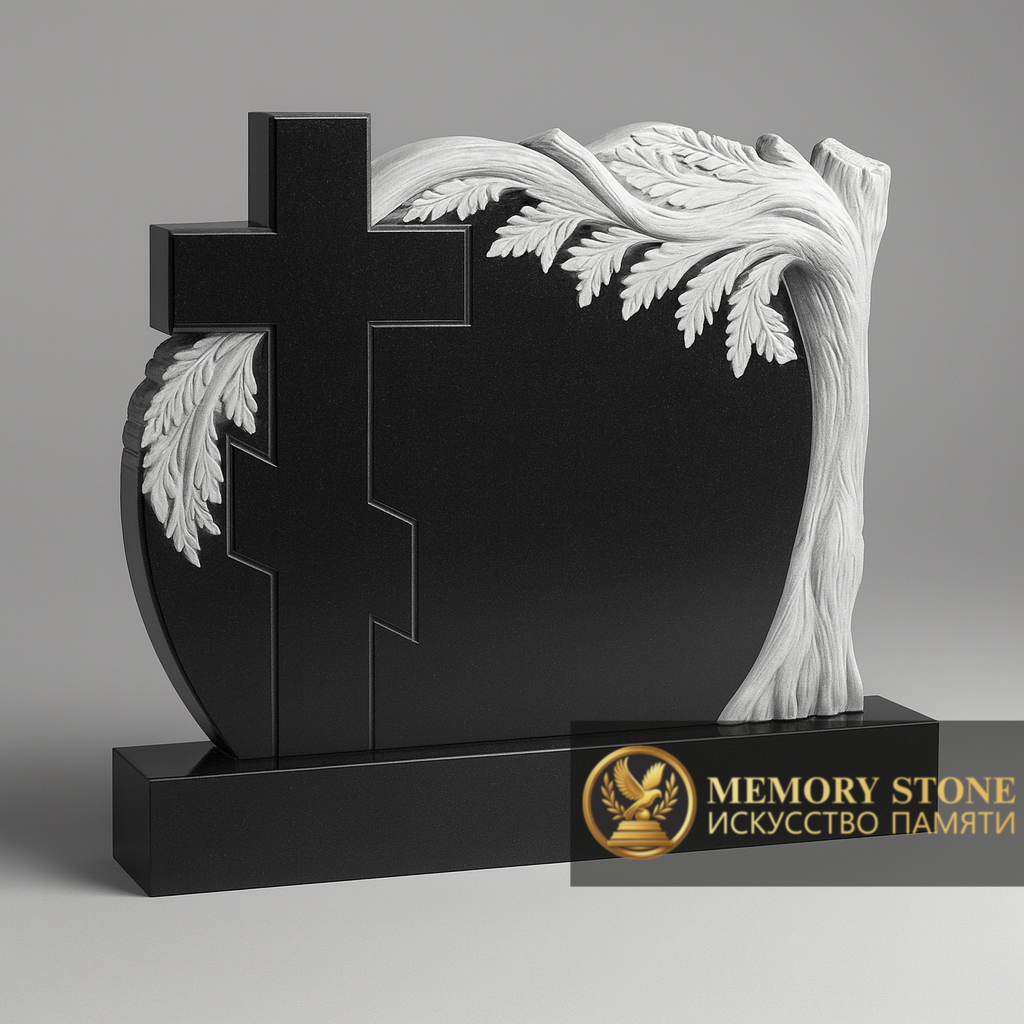 широкое двойное надгробие черного цвета с резной ветвью и крестом