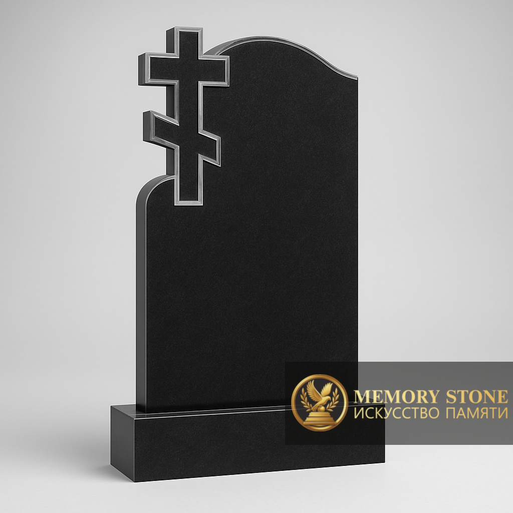 черная плита с гравировкой церкви и креста 