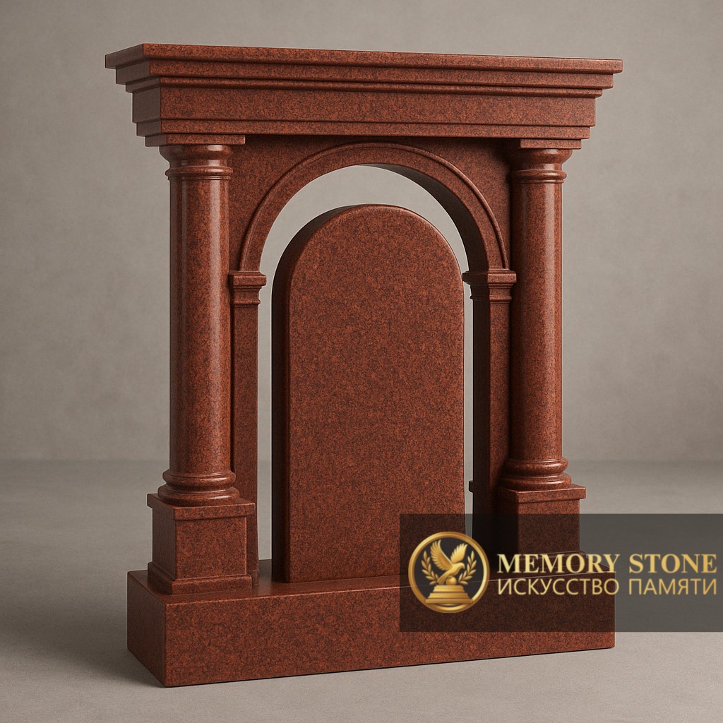 массивный ритуальный портал из красного натурального камня с колоннами