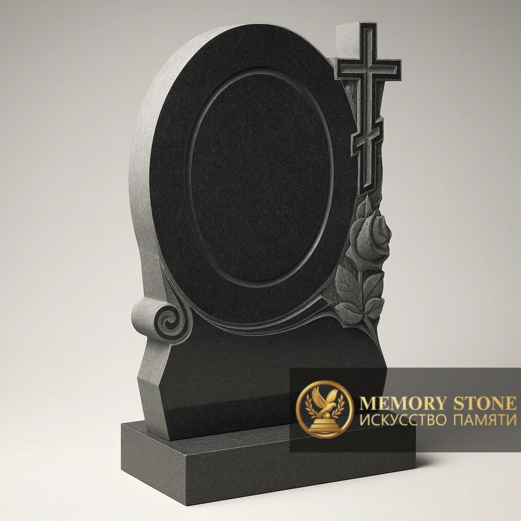 ритуальная плита с овальной нишей, резными розами и крестом сбоку