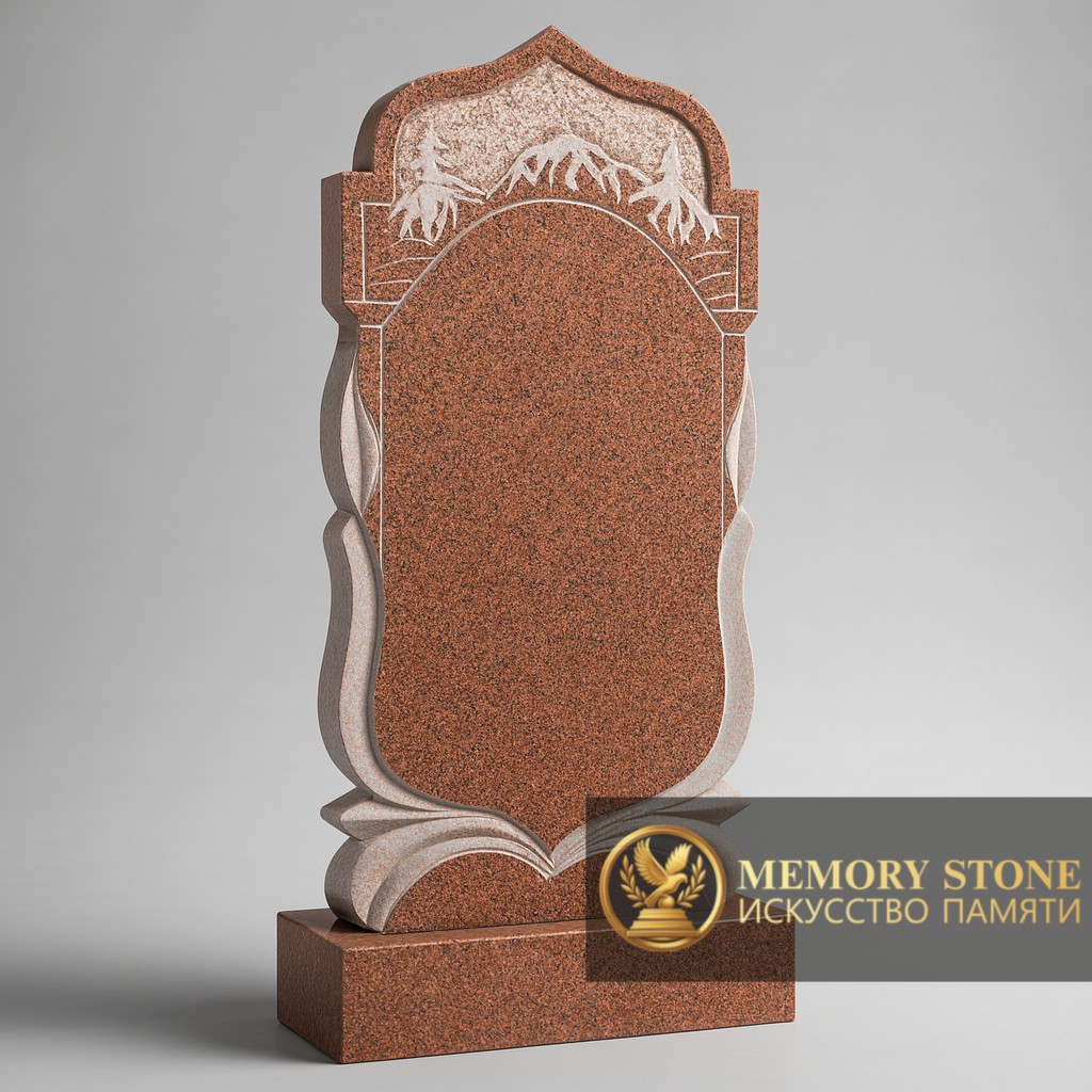 фигурная стела красного цвета с резным восточным узором на лицевой части